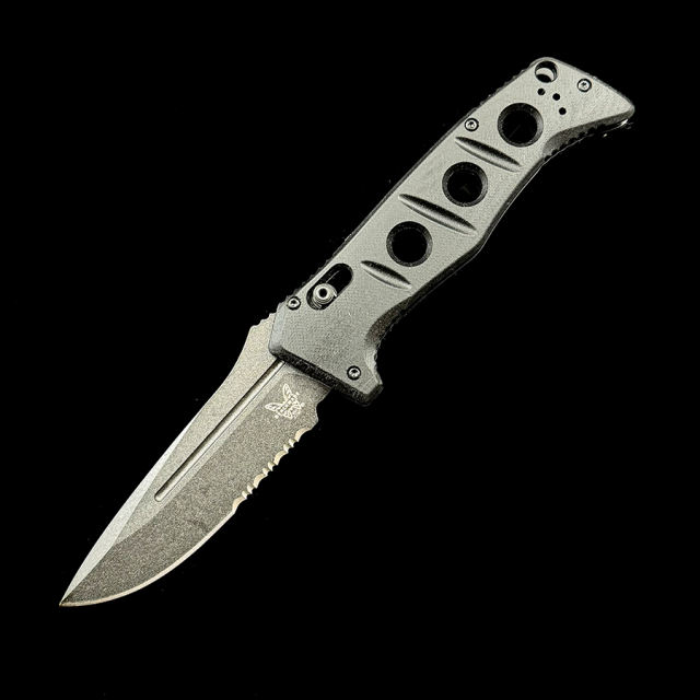 Benchmade 2750GY-3 Shane Sibert AUTO Adamas Folding Knife 3.78" CruWear Tungsten Gray Plain Blade, Desert Tan G10 Handles, Ballistic Nylon Sheath