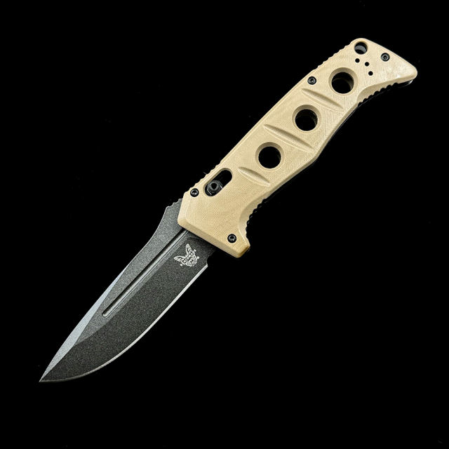 Benchmade 2750GY-3 Shane Sibert AUTO Adamas Folding Knife 3.78" CruWear Tungsten Gray Plain Blade, Desert Tan G10 Handles, Ballistic Nylon Sheath