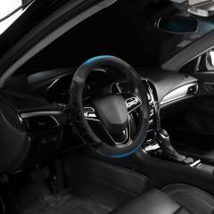 Sport Style Black Leather Steering Wheel Cover, with Breathable Grip Bright-Blue Stripe Steering Wheel Accessory,Universal Fit 14.5-15.25 inch Steering Wheel