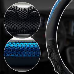 Sport Style Black Leather Steering Wheel Cover, with Breathable Grip Bright-Blue Stripe Steering Wheel Accessory,Universal Fit 14.5-15.25 inch Steering Wheel
