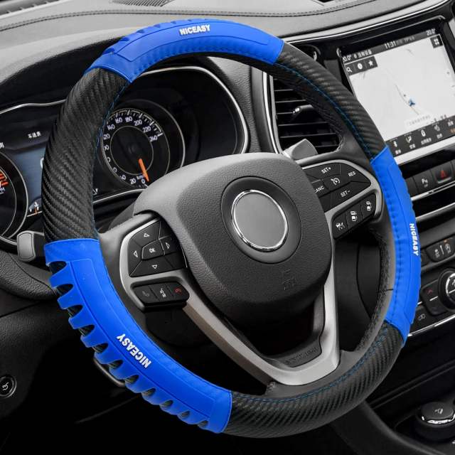 Sport Style Black Carbon-Fiber Steering Wheel Cover with Blue Strip Grip Steering Wheel Accessory,Universal Fit 14.5-15.25 inch Steering Wheel