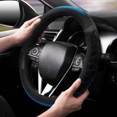 Sport Style Black Leather Steering Wheel Cover, with Breathable Grip Bright-Blue Stripe Steering Wheel Accessory,Universal Fit 14.5-15.25 inch Steering Wheel