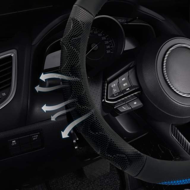 Sport Style Black Leather Steering Wheel Cover, with Breathable Grip Bright-Blue Stripe Steering Wheel Accessory,Universal Fit 14.5-15.25 inch Steering Wheel