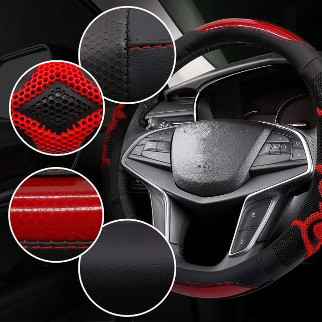 Sport Style Black Leather Steering Wheel Cover with Red Lucky-Cloud-Design Grip Steering Wheel Accessory,Universal Fit 14.5-15.25 inch Steering Wheel