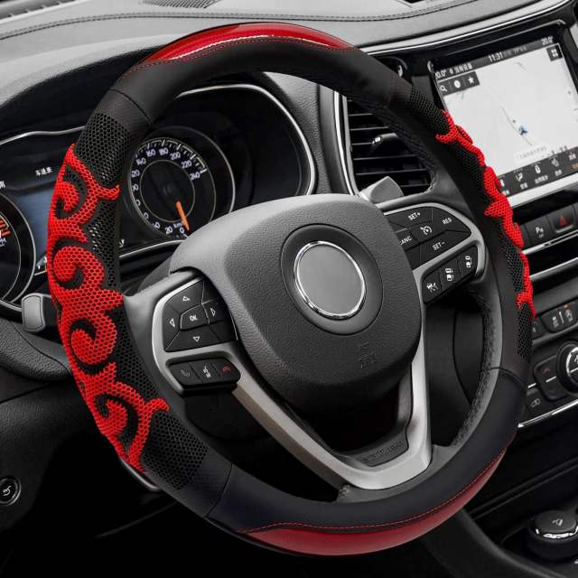 Sport Style Black Leather Steering Wheel Cover with Red Lucky-Cloud-Design Grip Steering Wheel Accessory,Universal Fit 14.5-15.25 inch Steering Wheel