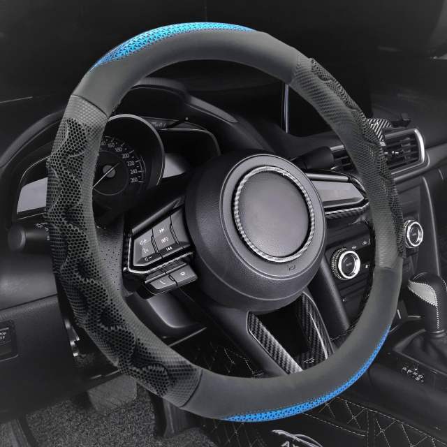 Sport Style Black Leather Steering Wheel Cover, with Breathable Grip Bright-Blue Stripe Steering Wheel Accessory,Universal Fit 14.5-15.25 inch Steering Wheel