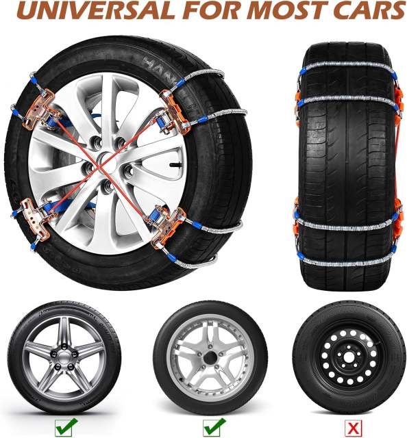 Snow Chains, Tire Chains for SUV Car Trucks, 8pcs Universal Adjustable Emergency Traction Chains for 205-265mm Tires Pickup Trucks, Snow Slope Muddy Icy Ground Sandy Anti Skid Chains
