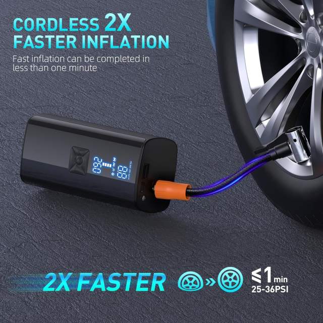Tire Inflator Portable Air Compressor, 150PSI Portable Air Pump for Car Tires with 25000mAh Battery, 2X Faster Inflation Electric Air Pump with Digital Pressure Gauge for Car, Bike, Motorcycle, Ball