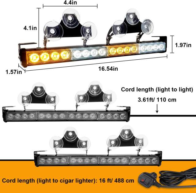 2 in 1 32 Inch 12-24V LED Emergency Strobe Lights for Trucks Vehicle Car Directional Warning Bar Plow Flash Traffic Safety for Rear Window Wiring Kit Cigar Lighter Installing(White Amber)