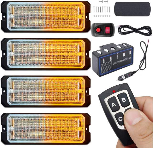 Led Strobe Lights for Trucks 12-24V 30-LED with Switch and Remote Control - 4PCS (White Amber, Switch and Remote Control)