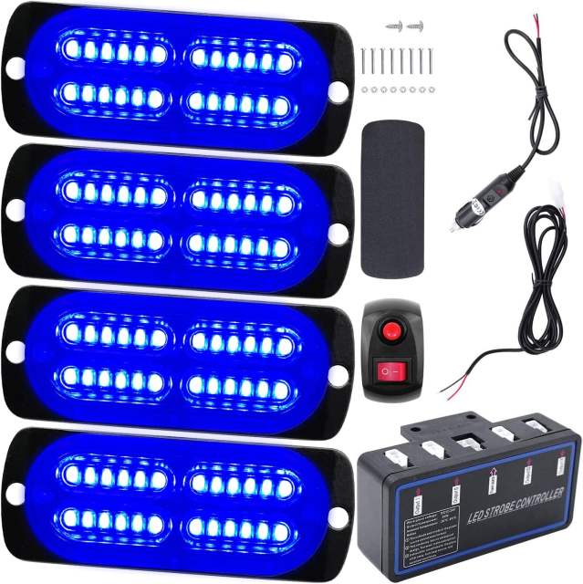 Led Warning Lights, 4pcs Emergency Warning Caution Hazard Construction Ultra Slim Sync Feature Car Truck with Main Control Box Surface Mount (Blue)