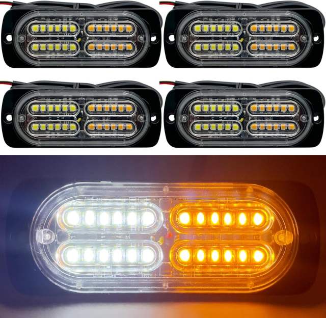 12-24V 24-LED Super Bright LED Emergency Strobe Lights Warning for Cars Trucks Vehicle SUV Caution Hazard Construction Waterproof Amber Strobe Bar with 32 Different Flashing- 4PCS (White Amber)