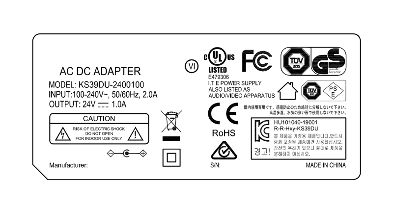 Class 2 LED Power Supply 24V 1A 24W AC/DC Adapter with UL/cUL UL1310 listed safety approved