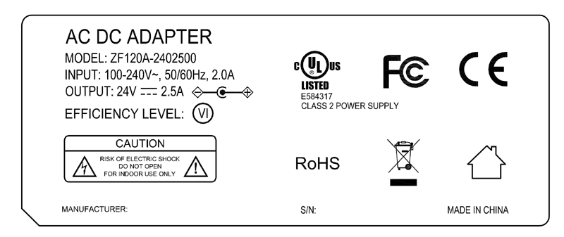 Class 2 Power Supply 24V 2.5A 60W AC/DC Adapter with UL/cUL UL1310 listed safety approved