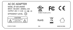 ZF120A-2402000 24V 2A AC DC Power adapter UL/cUL FCC PSE CE GS RCM safety