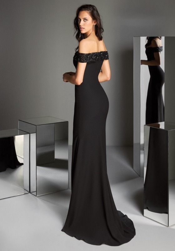 Beaded Off-Shoulder Black Crepe Gown