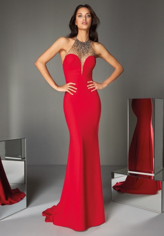 Beaded Red Crepe Gown with Open Back