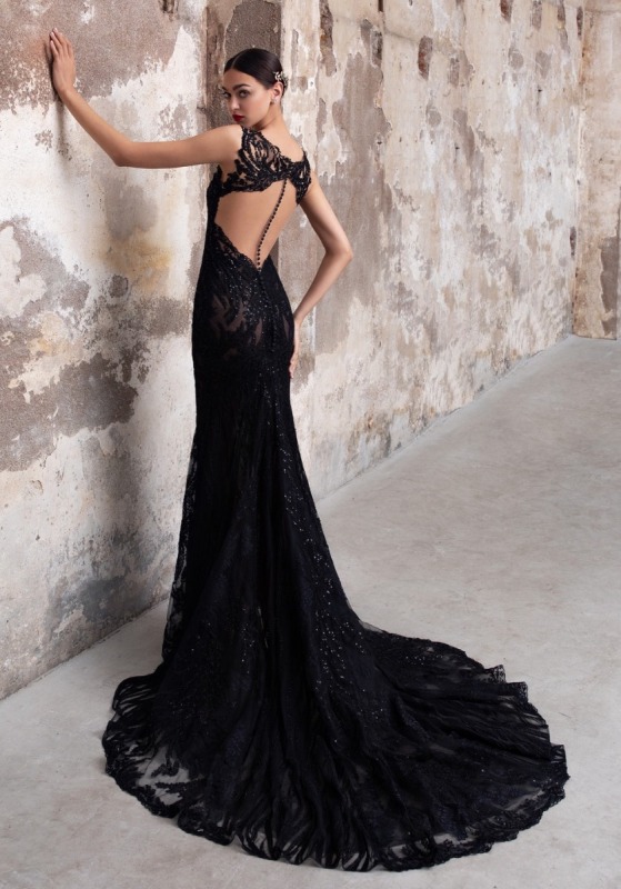 Beaded Black Tulle Gown with Sheer Back