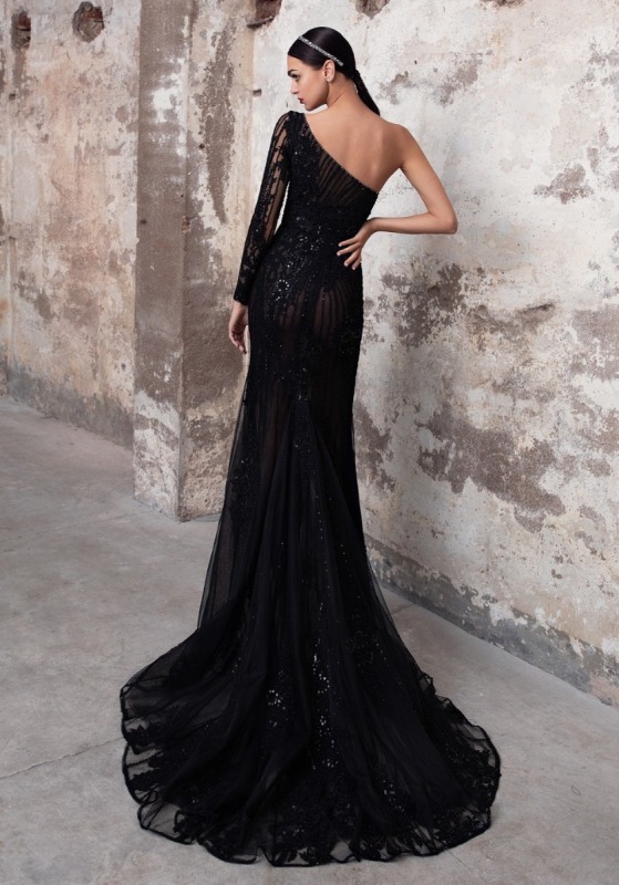 Beaded One-Shoulder Black Tulle Gown