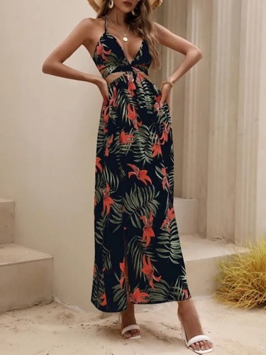 Tropical Print Backless Knot Halter Neck Slit Thigh Dress