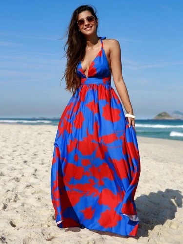 Floral Print Shirred Waist Tie Backless Halter Dress