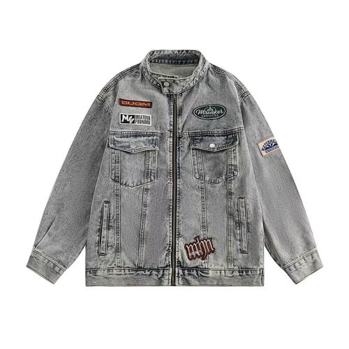 Retro washed denim loose casual embroidered stand collar motorcycle Jacket