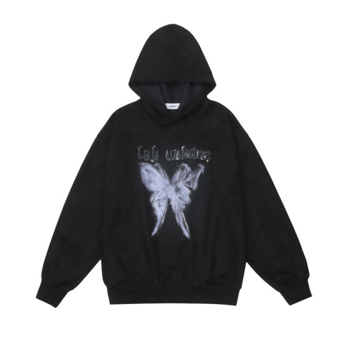 Retro Abstract Butterfly Print Hip Hop Loose Suede hoodies