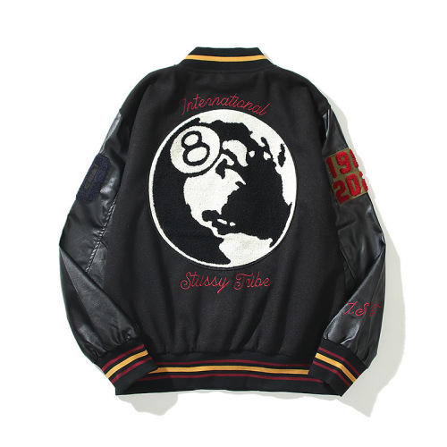 Baseball uniform black 8 jacket high street hip hop embroidered woolen PU sleeves Jacket