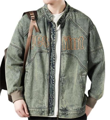 Heavy industry vintage washed yellow mud denim motorcycle stand collar loose jacket