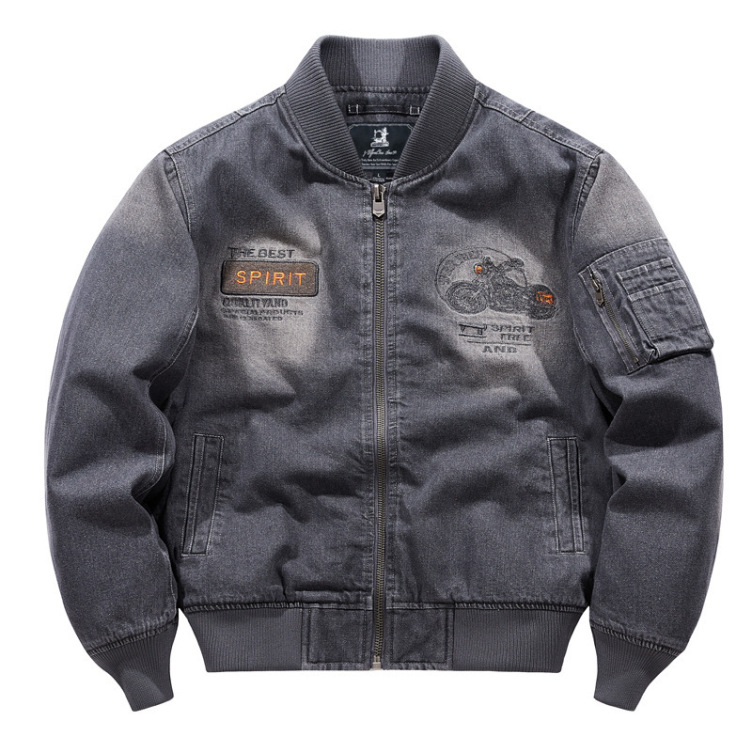 High Street Heavy Industry Distressed Stand Collar Motorcycle Style Denim jacket