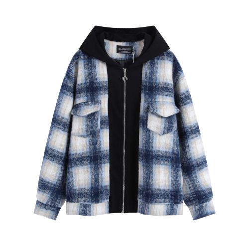 Thickened hooded hip hop patchwork plaid jacket