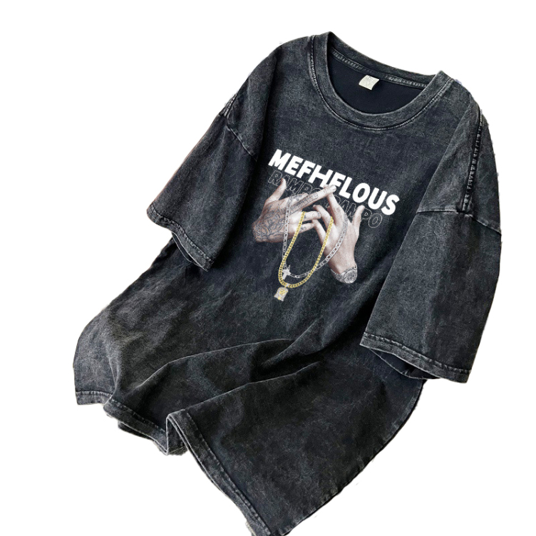 Heavy American Washed Distressed Hip Hop Half Sleeves T-shirt