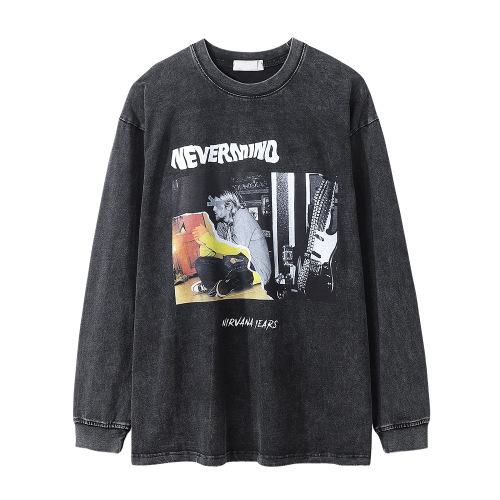 Street character printed long-sleeved hip-hop washed and distressed loose T-shirt