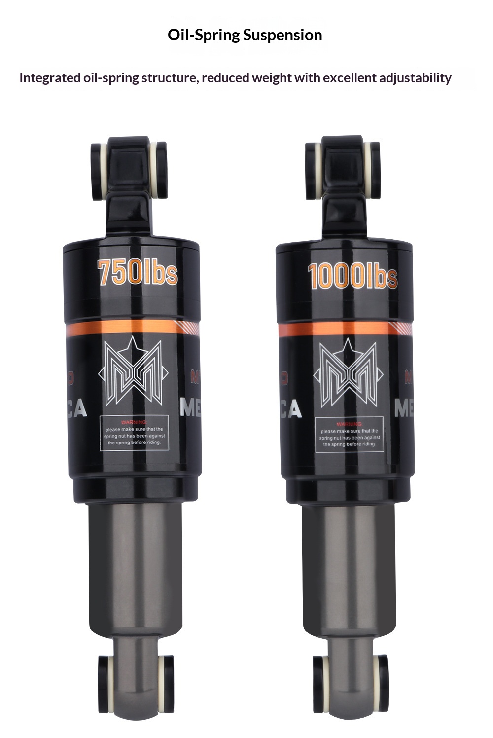 MEROCA MT-100 Rear Shock Absorber – Oil Coil Spring Damper for MTB & Scooter (125/150/165/190mm, 750/850/1000LBS) rear