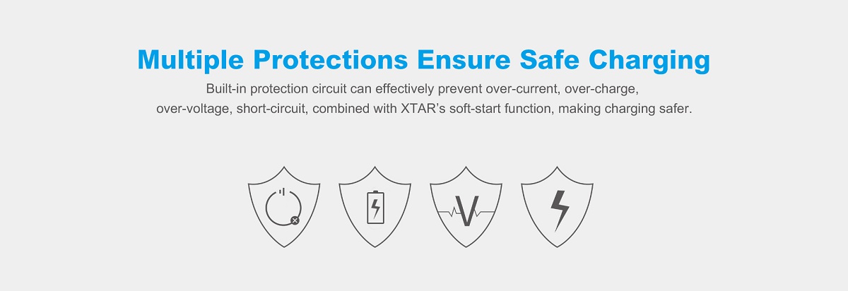 Protection for over-current, over-charging, over-voltage, short-circuit.