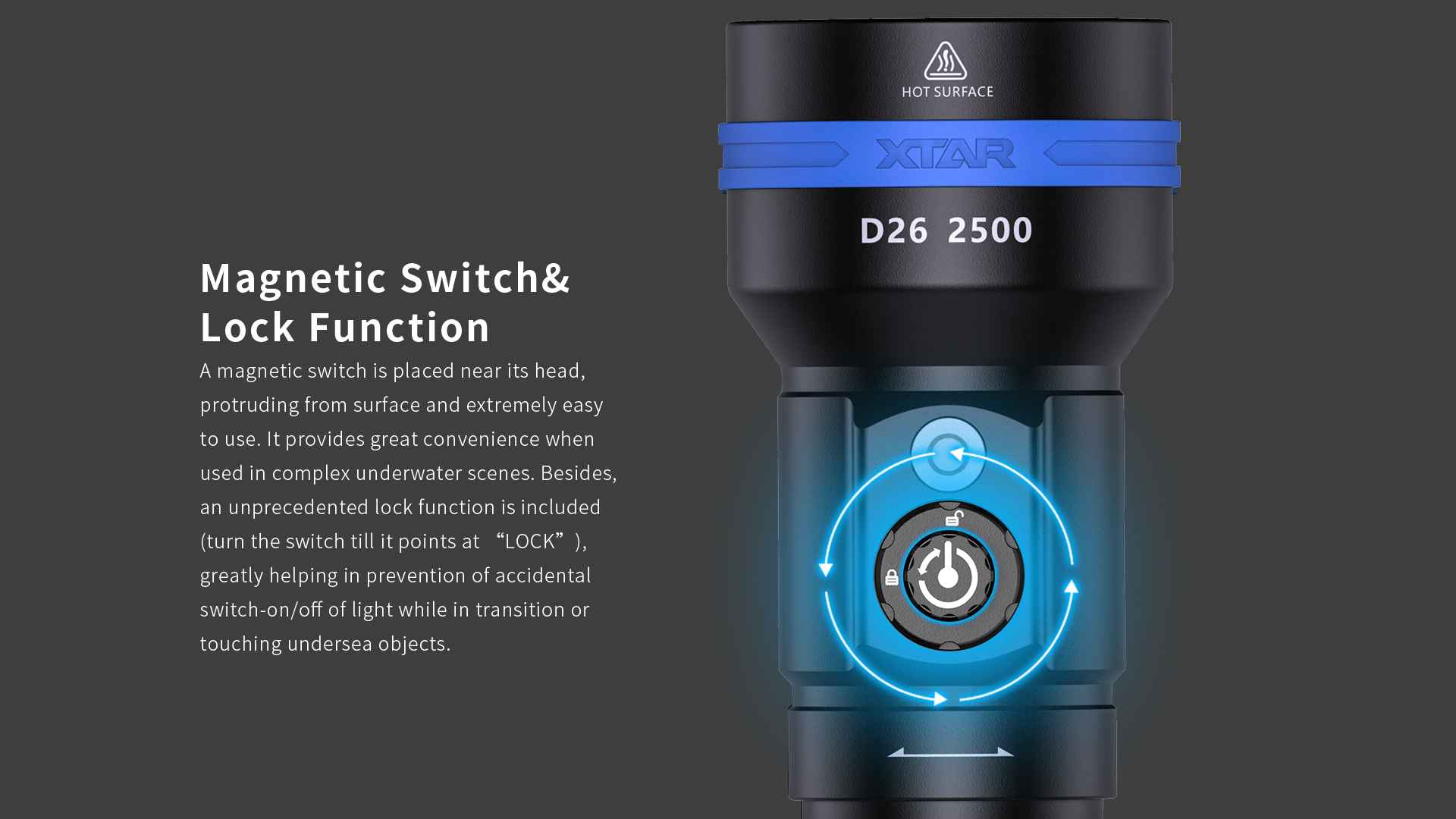 Magnetic press-button switch with battery indicator and lock function, ensures safe diving.