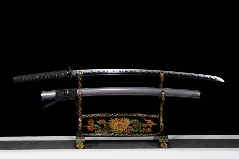 Handmade Grey Katana Sword -Black Iron Tsuba Real Japanese Samurai Sword High Manganese Steel Full Tang