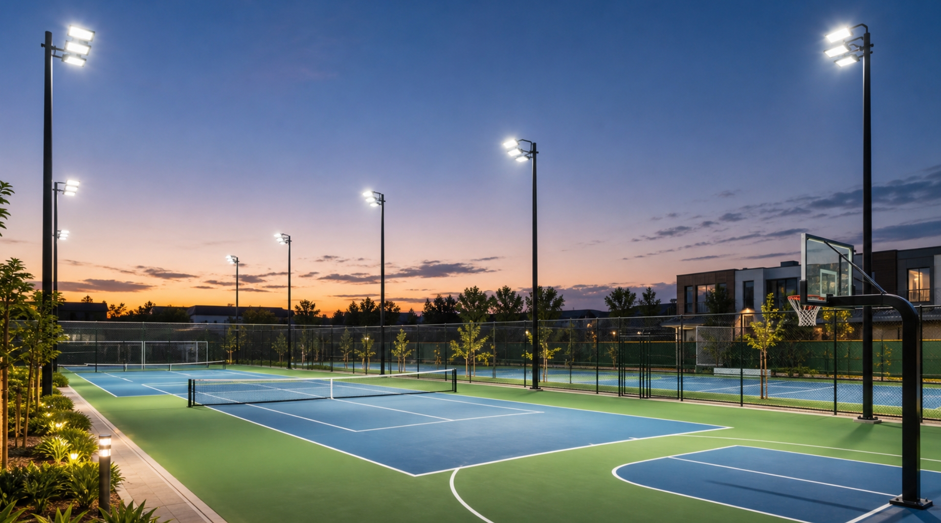 Anti-glare outdoor LED sports lighting for a multi-sport court at dusk