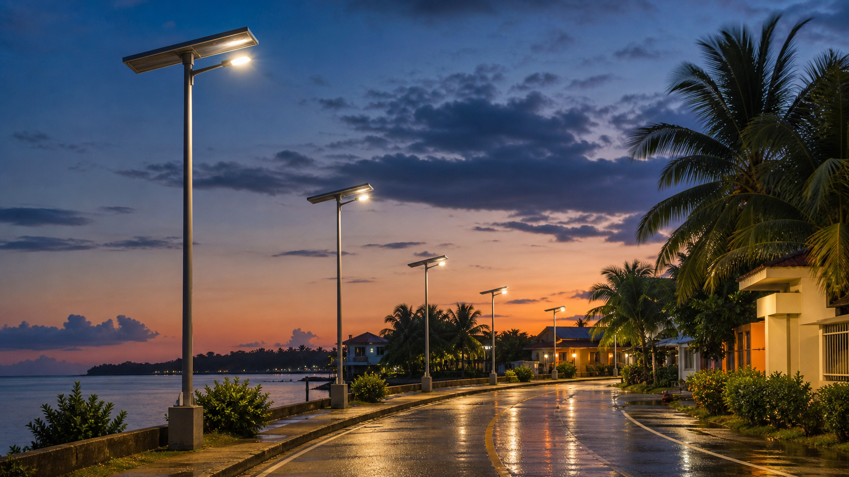 Solar LED street light Philippines coastal road project at dusk