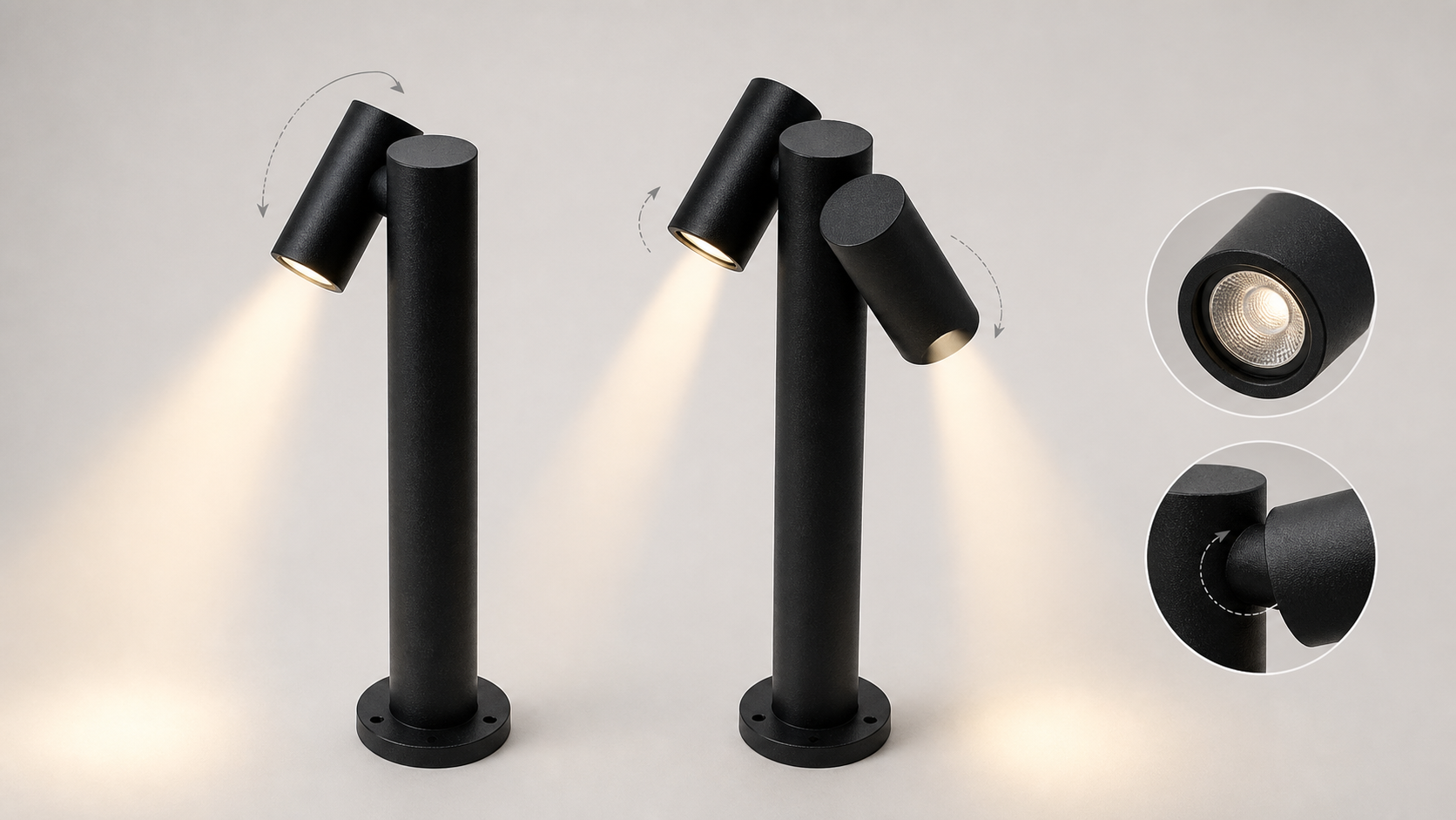 OD-032 single-head and dual-head rotatable bollard lights with adjustable warm-white beams