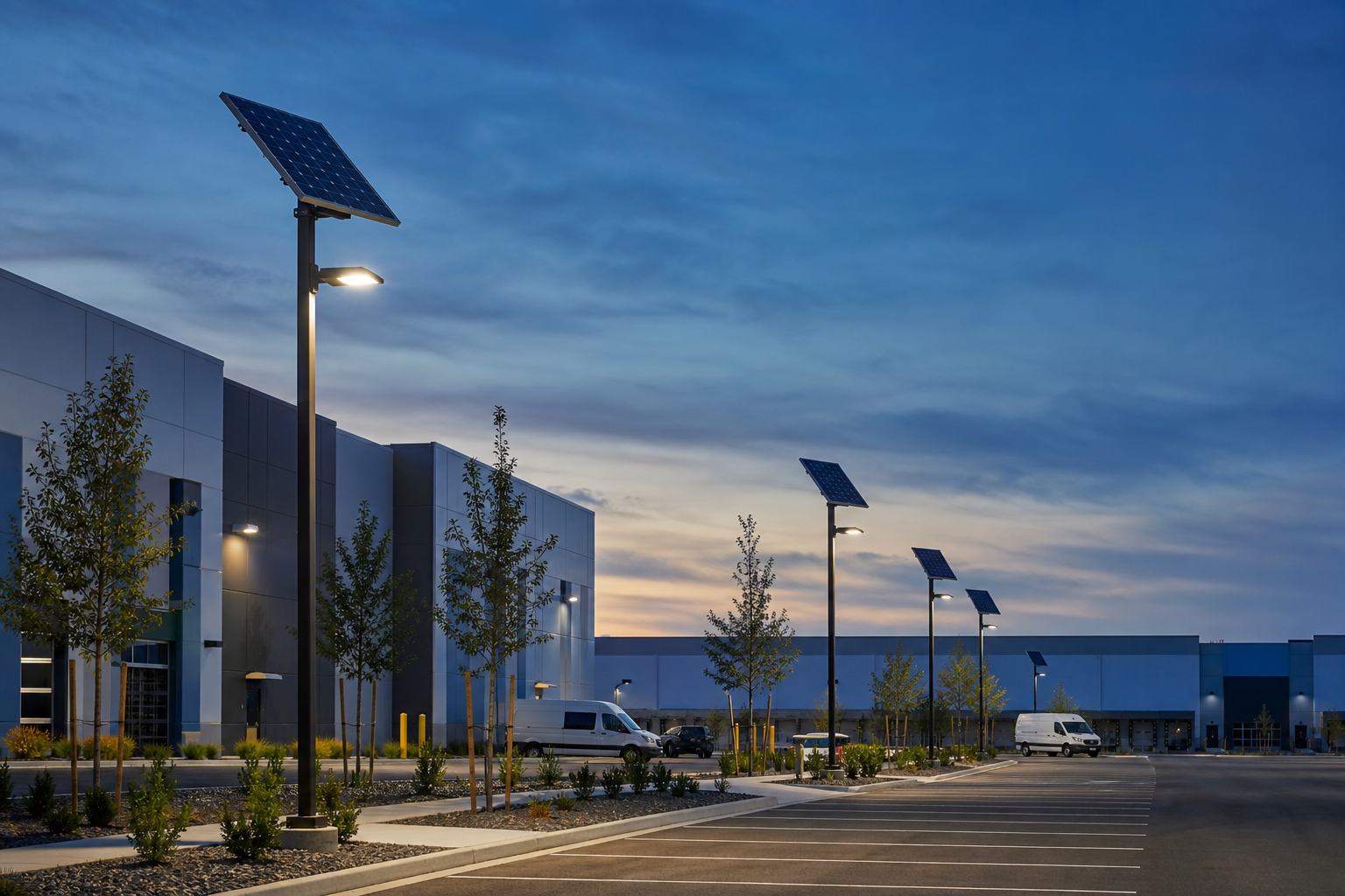 Commercial solar parking lot lights at a U.S. distribution center