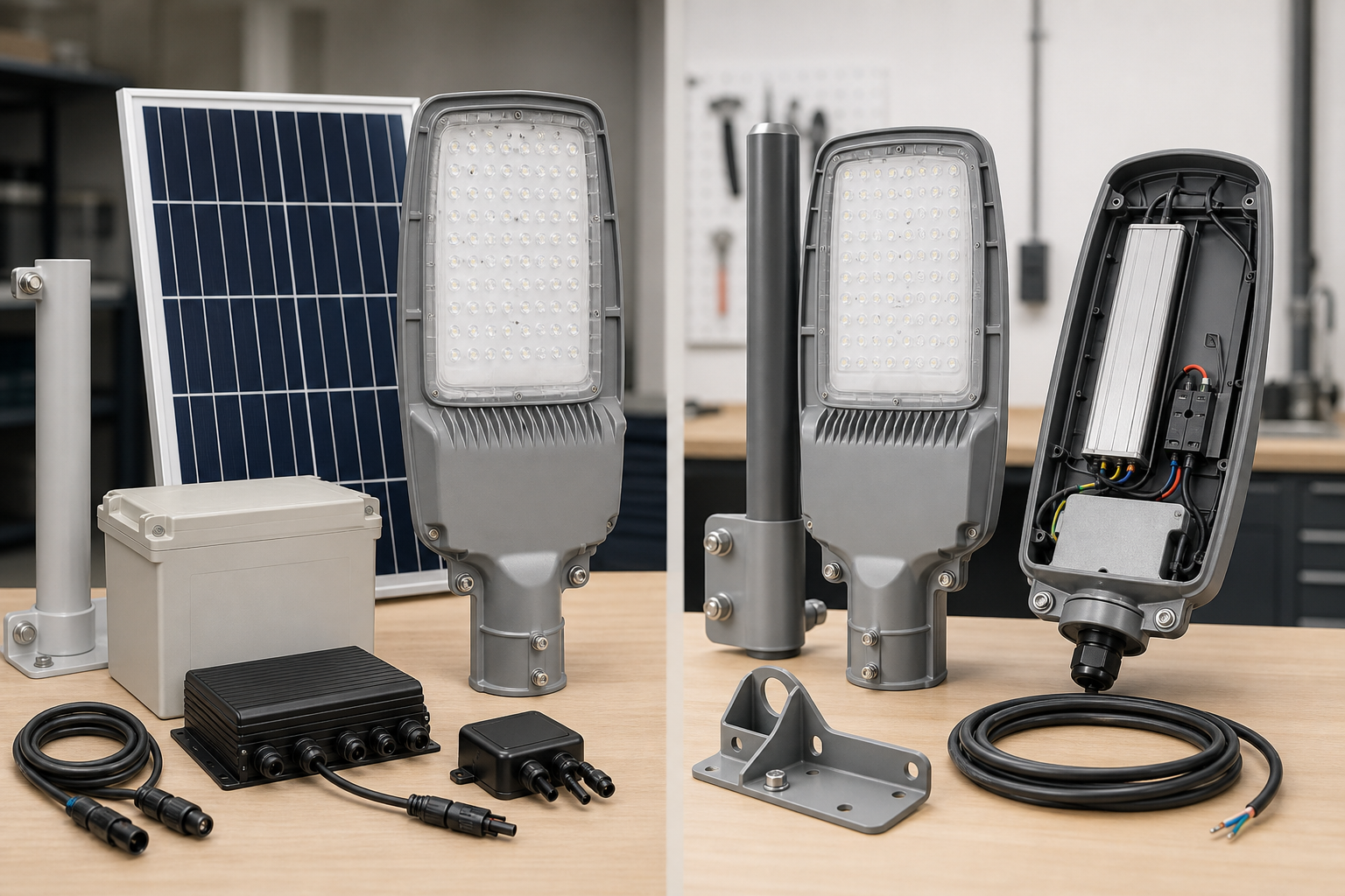 Solar LED and grid LED street light components for project comparison