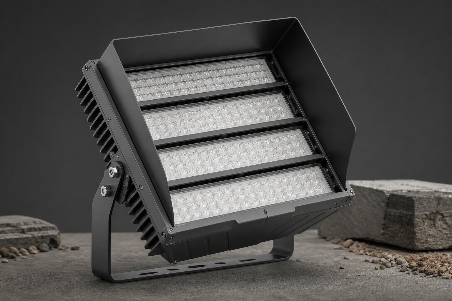 Shielded anti-glare LED court light fixture with adjustable mounting bracket