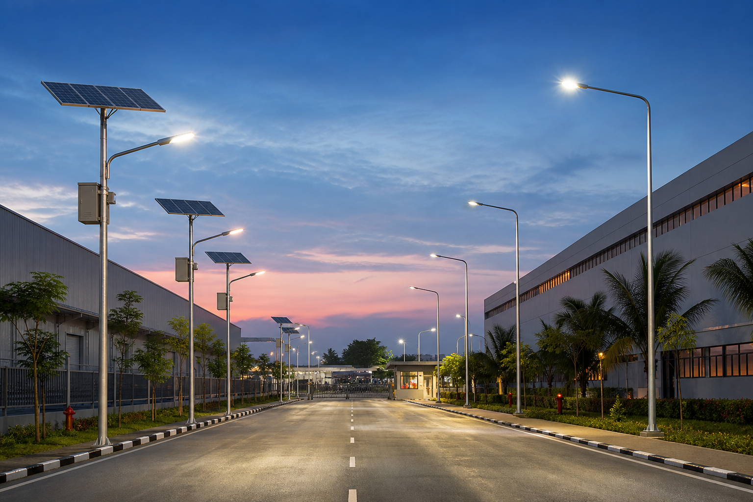 Solar and grid LED street lights along a Southeast Asian industrial park road