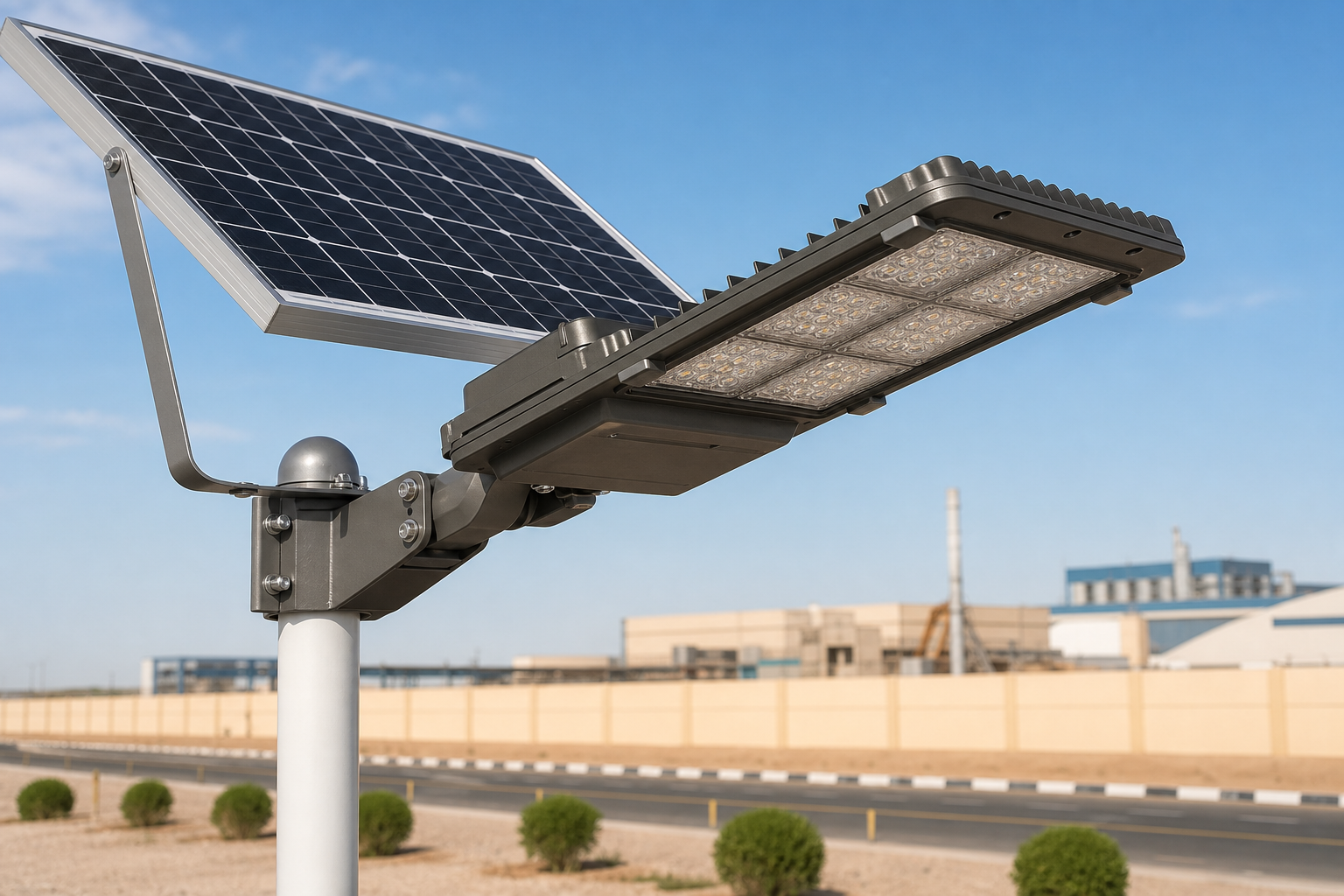IP65 solar street lights for Saudi logistics park parking and perimeter roads