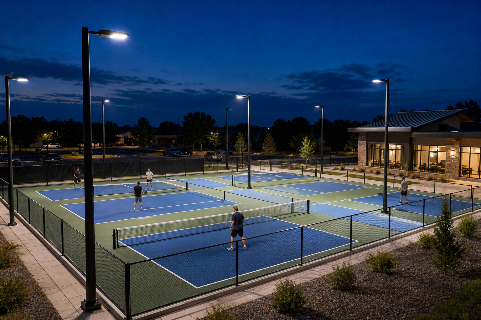 Outdoor LED sports lighting for a multi-court U.S. pickleball facility
