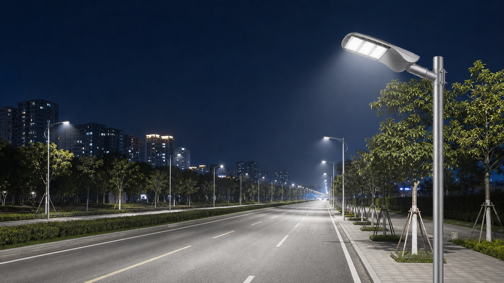 OD-027 140 lm per watt LED street lights illuminating a municipal boulevard