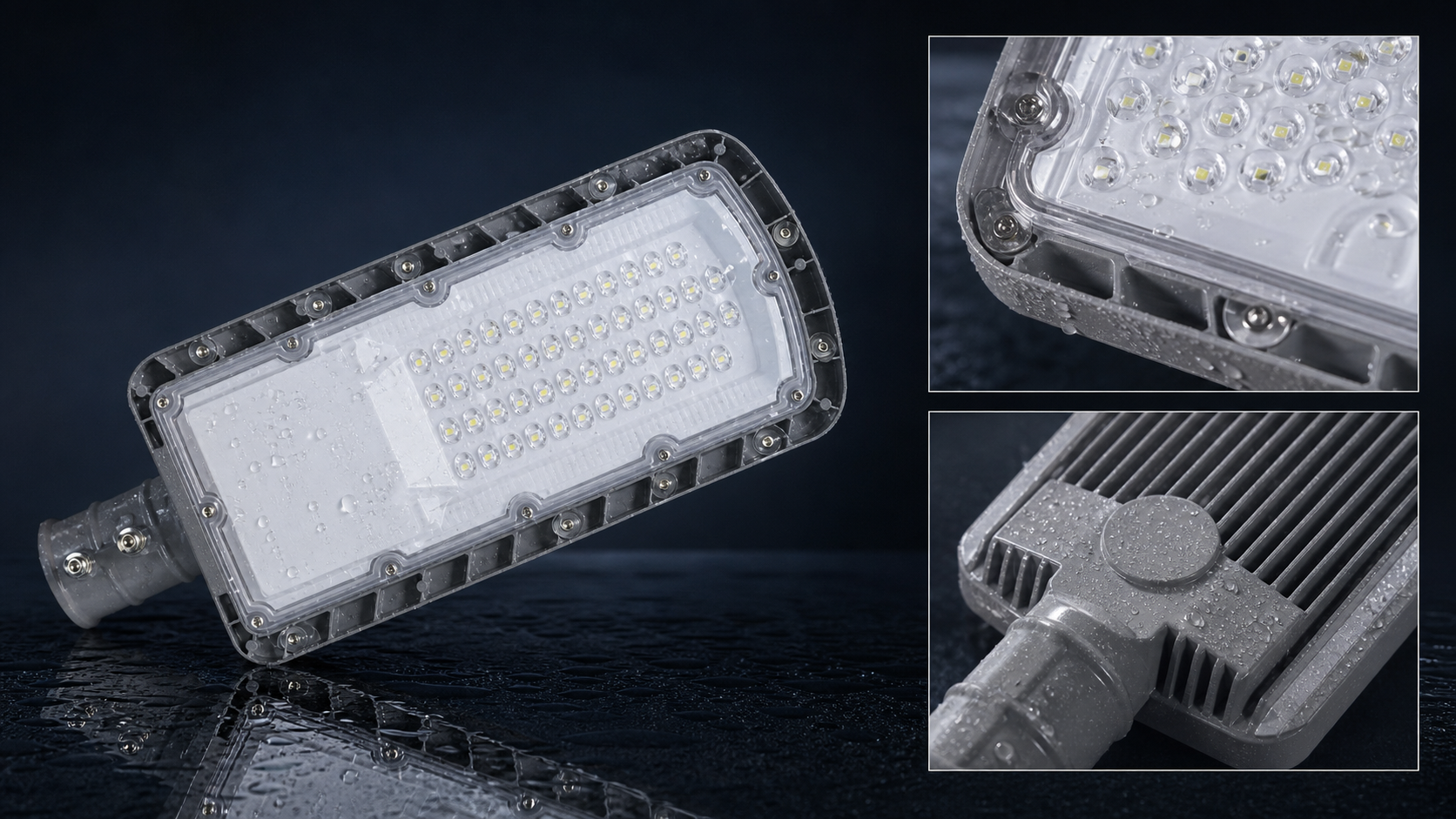 Close-up of OD-018 LED street light optics, sealed lens edge and aluminum cooling fins