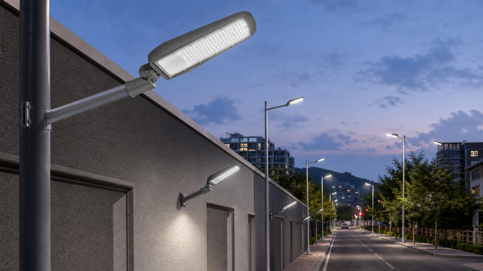OD-023 adjustable LED street lights installed on existing pole arms and wall brackets