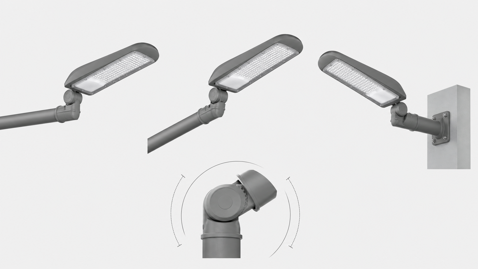 OD-023 LED street light shown with horizontal, tilted and wall-mount configurations